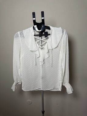 New Look Ruffled Swiss Dot Blouse with Lace-Up Neck